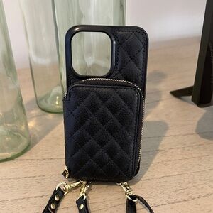 Black Quilted Phone Crossbody Case with Zip Pouch